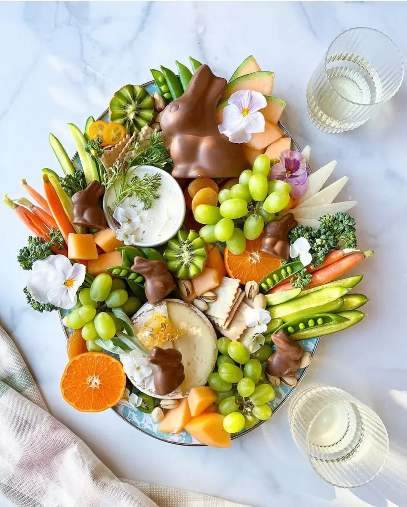 Healthy Easter charcuterie board featuring chocolate bunnies, edible flowers, fresh vegetables, green grapes, orange slices, melon, kiwi, cheese, crackers, and dip on a round glass platter with marble background