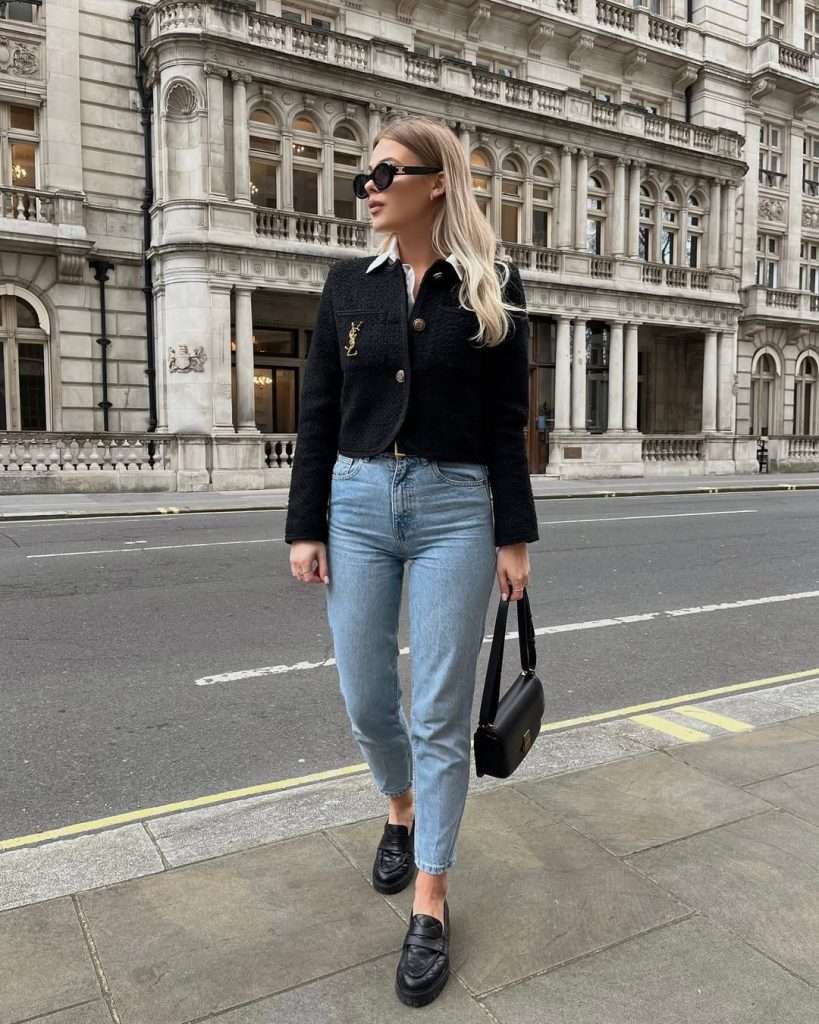 Classy spring outfit with black cropped boucle jacket, white collar shirt, light wash straight leg jeans, black loafers and structured black shoulder bag