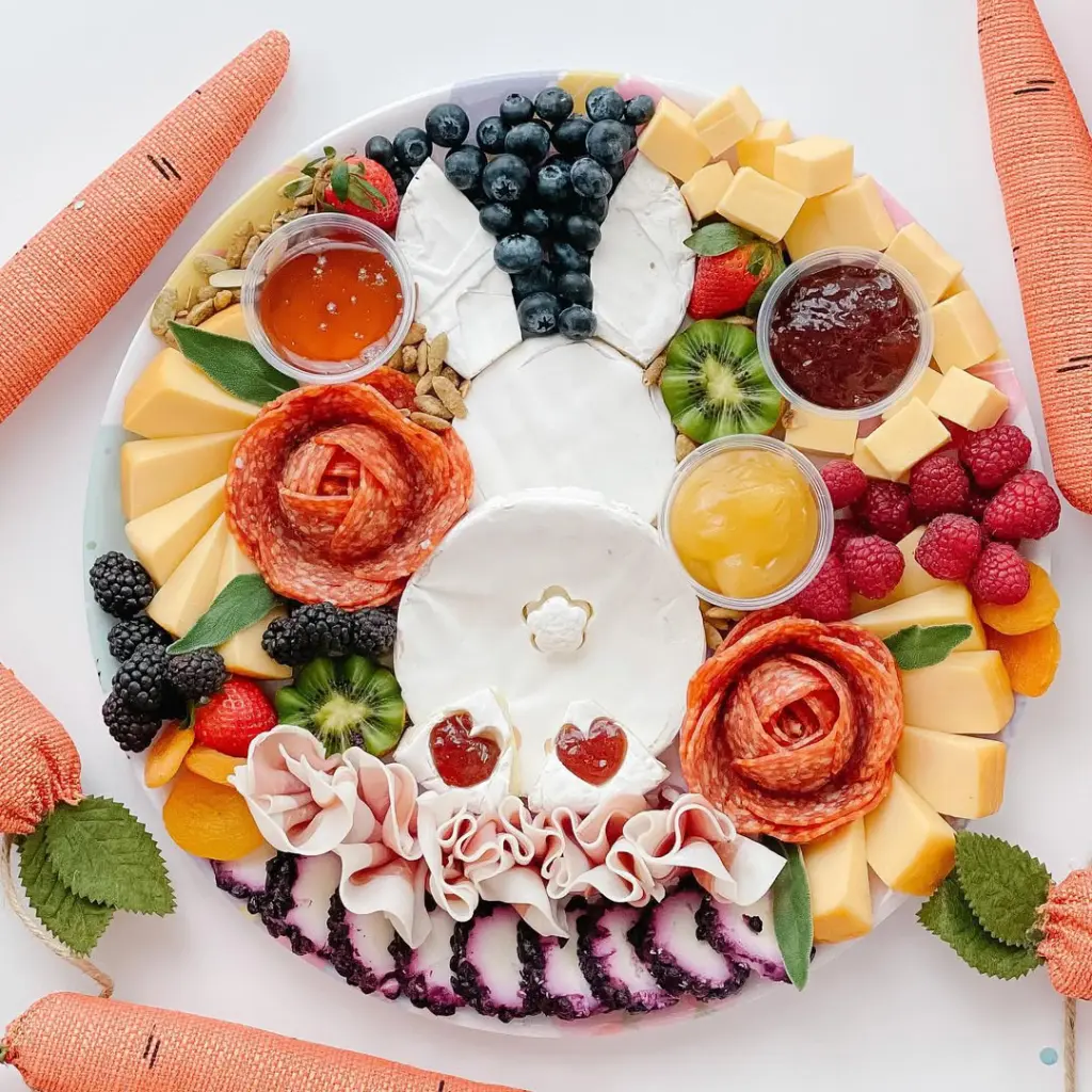 Easter charcuterie board with cheese wheels, blueberry bunny ears, salami roses, fresh berries, kiwi slices, and three dipping sauces surrounded by decorative carrots