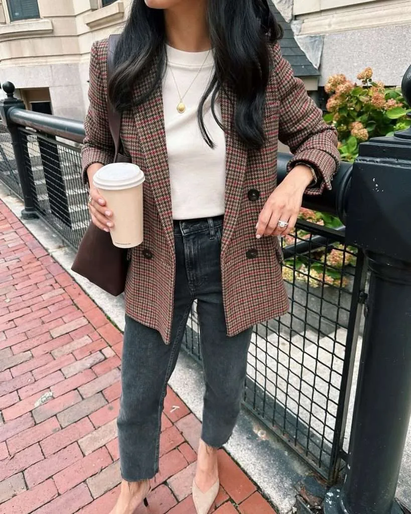 Business casual outfit with brown plaid blazer, cream top, straight-leg jeans, nude pumps and brown leather crossbody bag outdoors