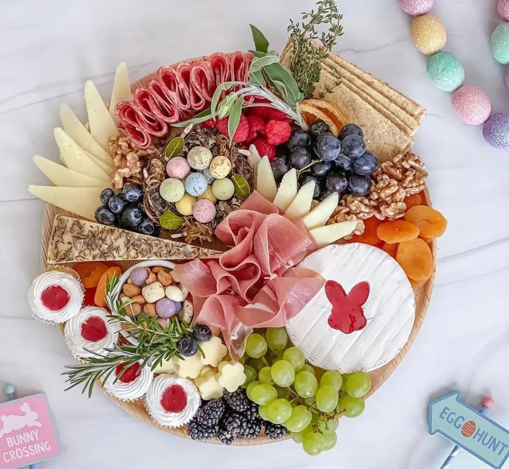 Easter charcuterie board with brie featuring red bunny silhouette, fresh berries, meringue nests with candy eggs, prosciutto, and seasonal fruits on wooden board with decorative "egg hunt" sign
