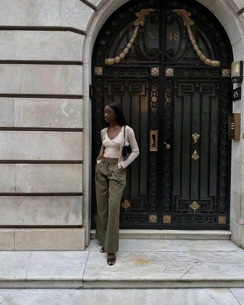 Classy spring outfit with cream ribbed cardigan, matching knit top, olive wide-leg trousers, black sandals and black structured bag