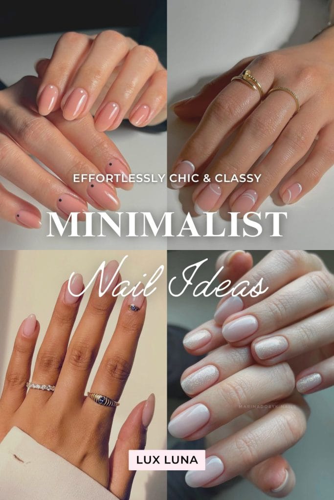 the words 'MINIMALIST Nail Ideas overlaid a collage of minimalist art nail designs 