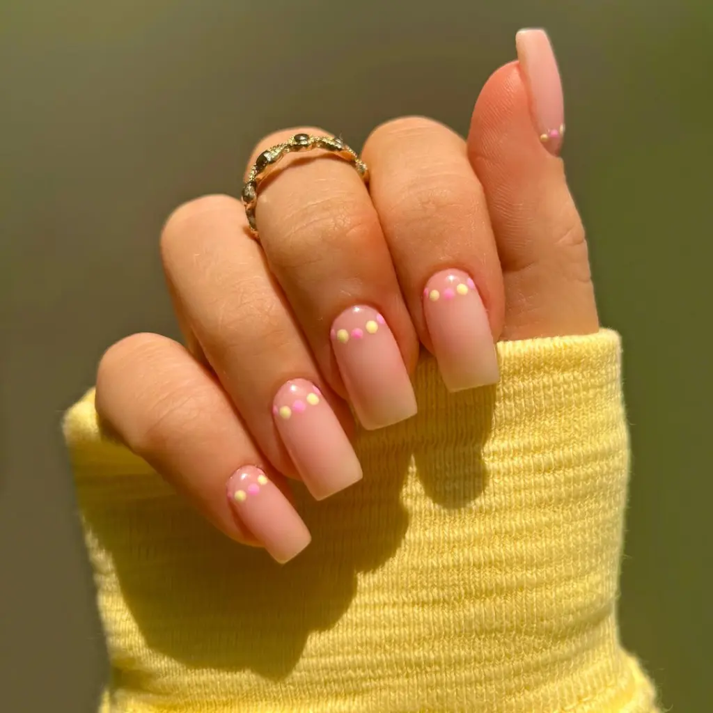 Short sheer pink summer nails with yellow and pink dot accents along the cuticle line