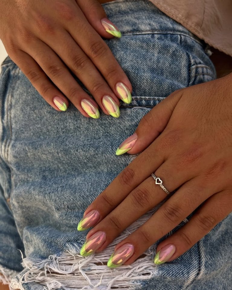 almond summer nails with glazed donut finish and lime green French tips