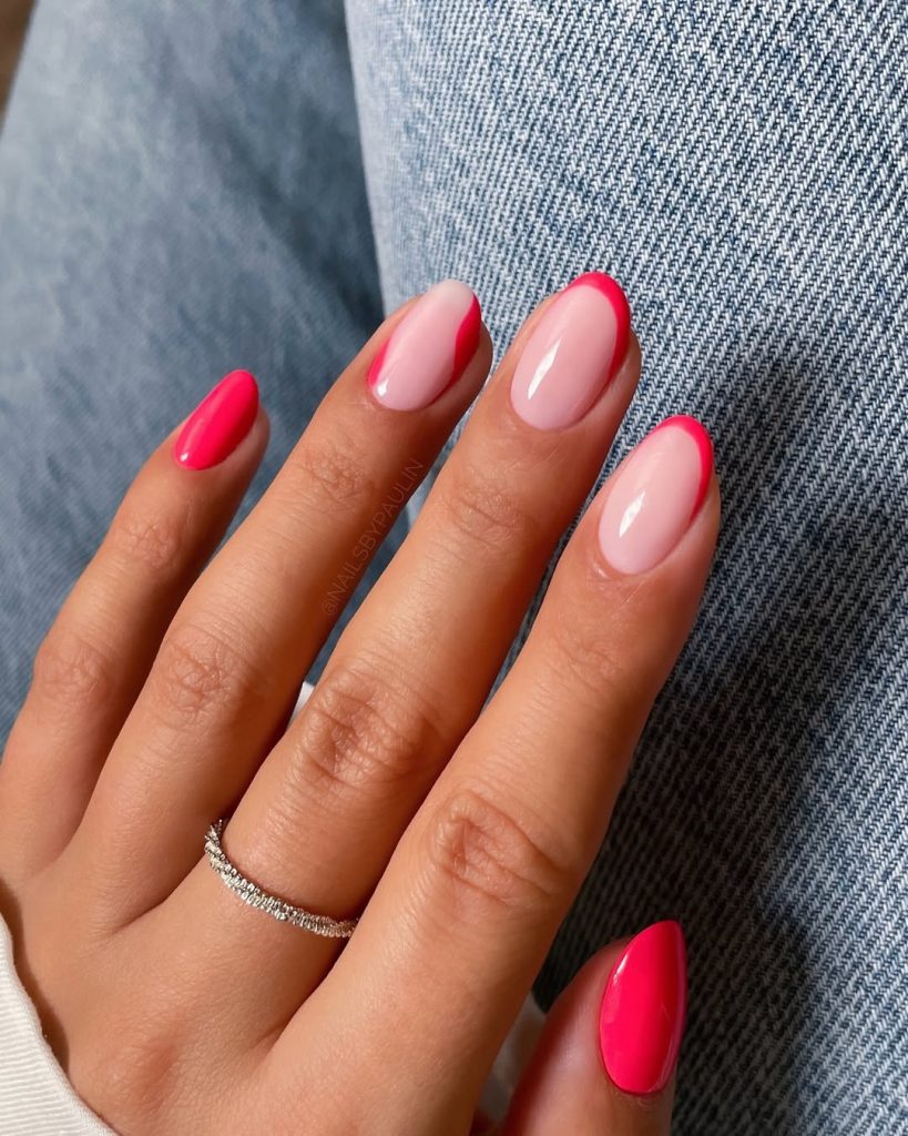 Almond summer nails with mix of hot pink solid color, milky pink base and hot pink French tips in varied designs 