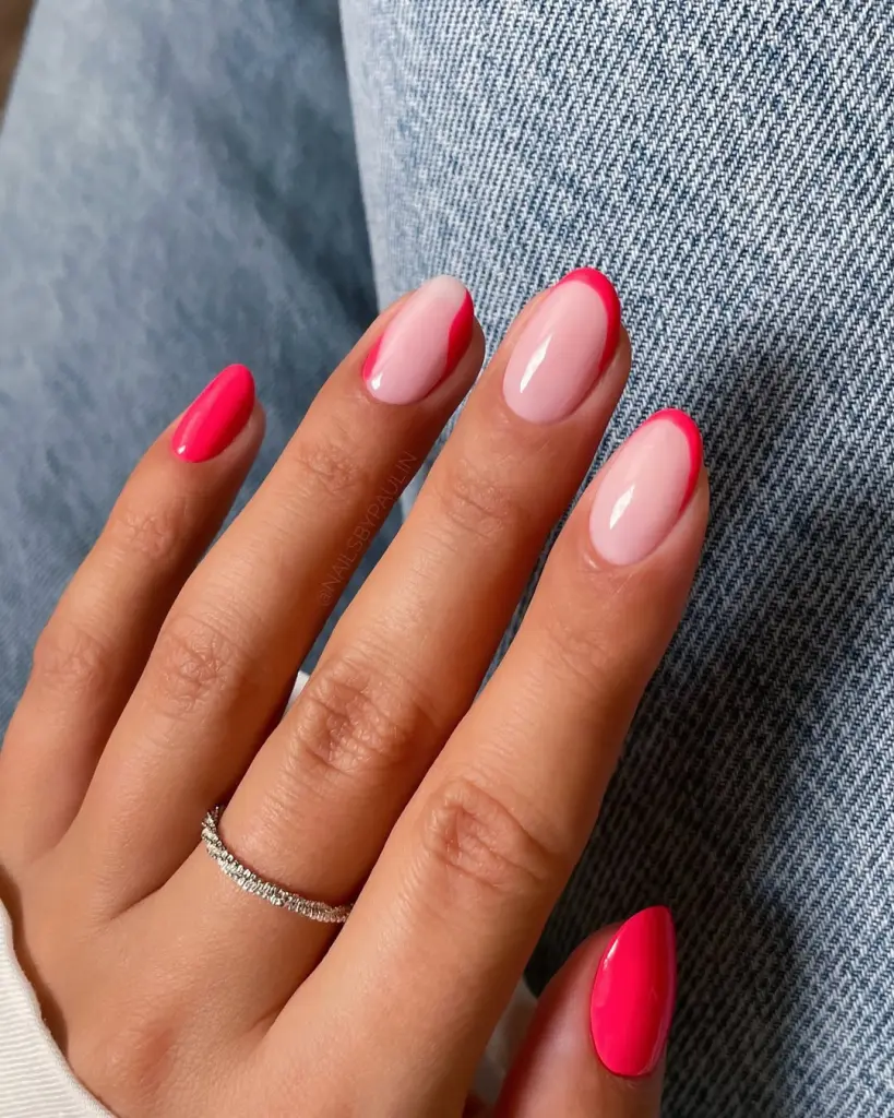 Almond summer nails with mix of hot pink solid color, milky pink base and hot pink French tips in varied designs