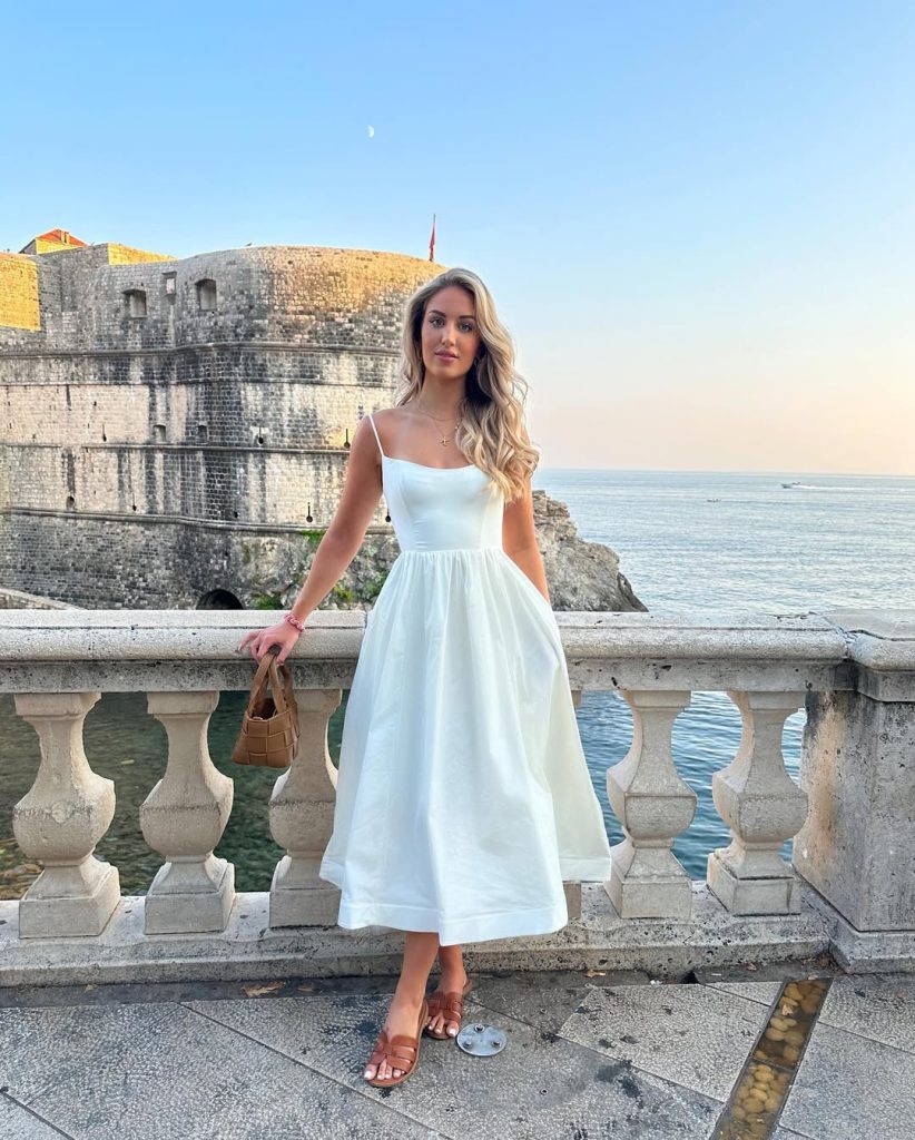 Romantic European vacation outfit with white cotton sundress, tan leather mini bag and brown slide sandals
