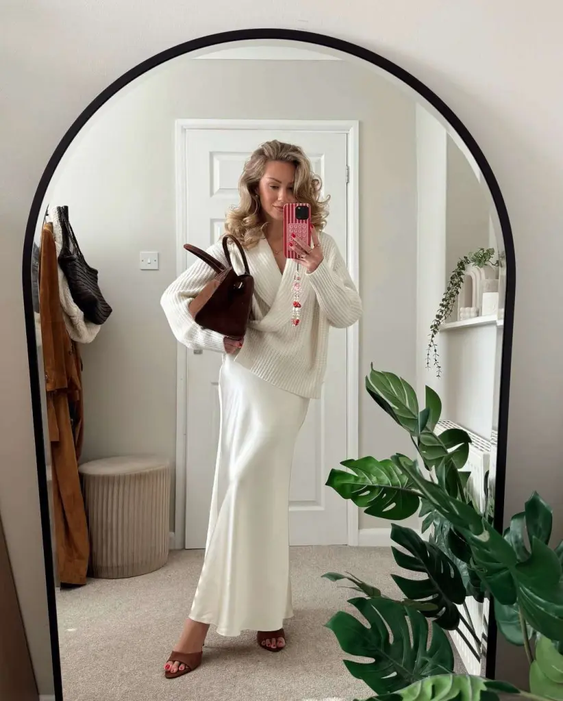 Elegant spring date night outfit with cream ribbed sweater, white satin maxi skirt, brown slide sandals and matching leather tote