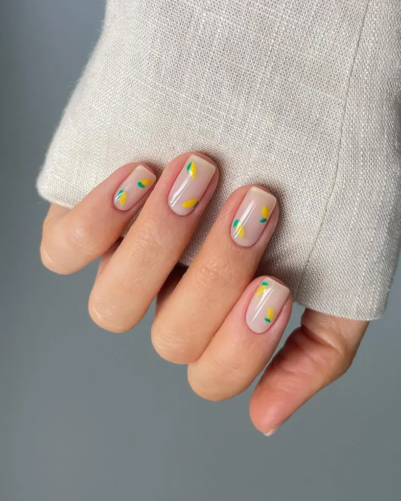 Short summer nails with transparent nude base and minimalist yellow and green abstract brush strokes creating a delicate citrus-inspired design