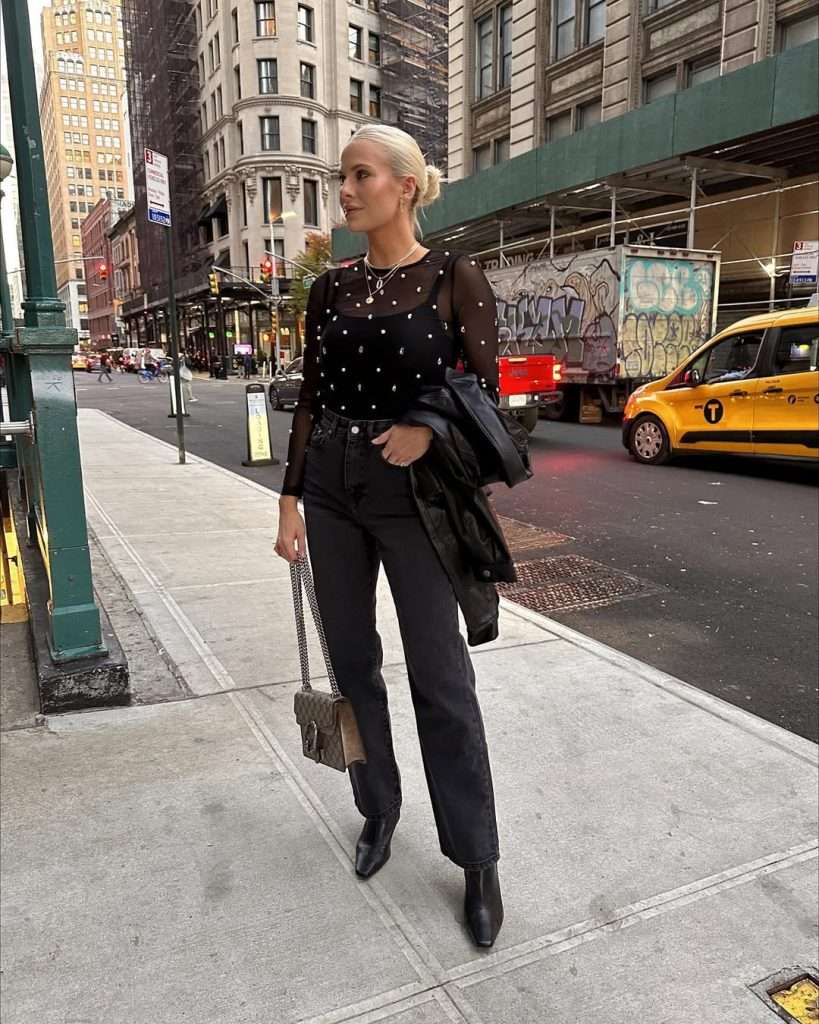 Spring date night outfit featuring black sheer pearl-studded top, black straight-leg jeans, leather jacket and designer shoulder bag