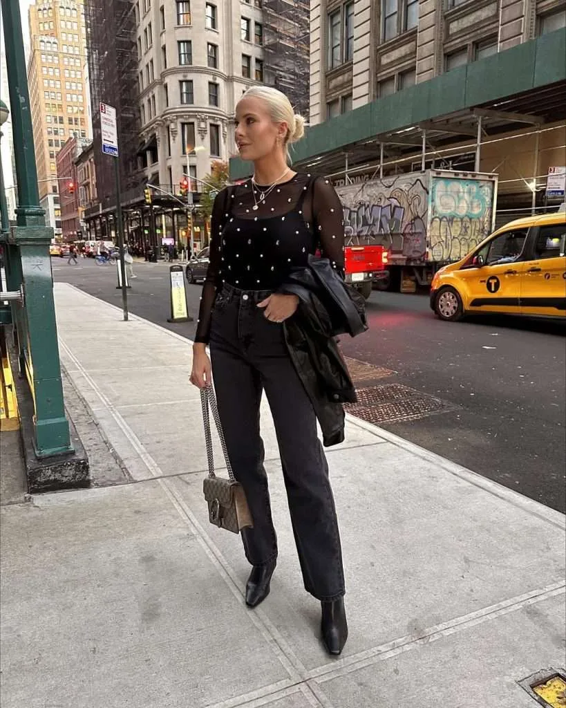 Spring date night outfit featuring black sheer pearl-studded top, black straight-leg jeans, leather jacket and designer shoulder bag
