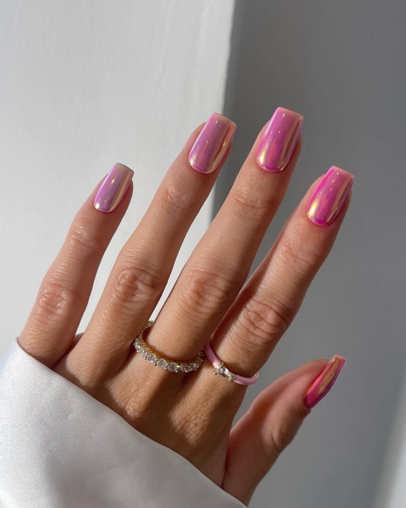 square vacation nails with pink chrome mirror finish
