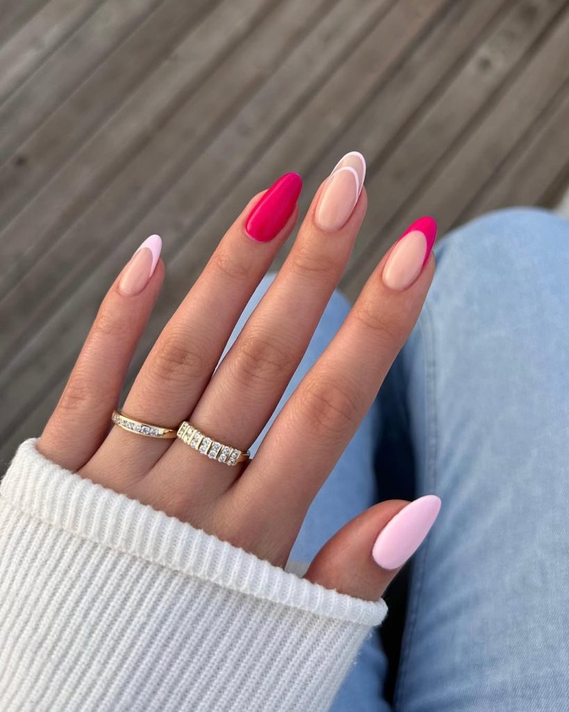 Classy June nails with almond shape featuring hot pink solid polish, nude with baby pink French tips and outlined pink French design