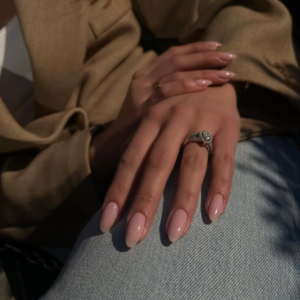 old money summer almond nails with translucent pink blush polish