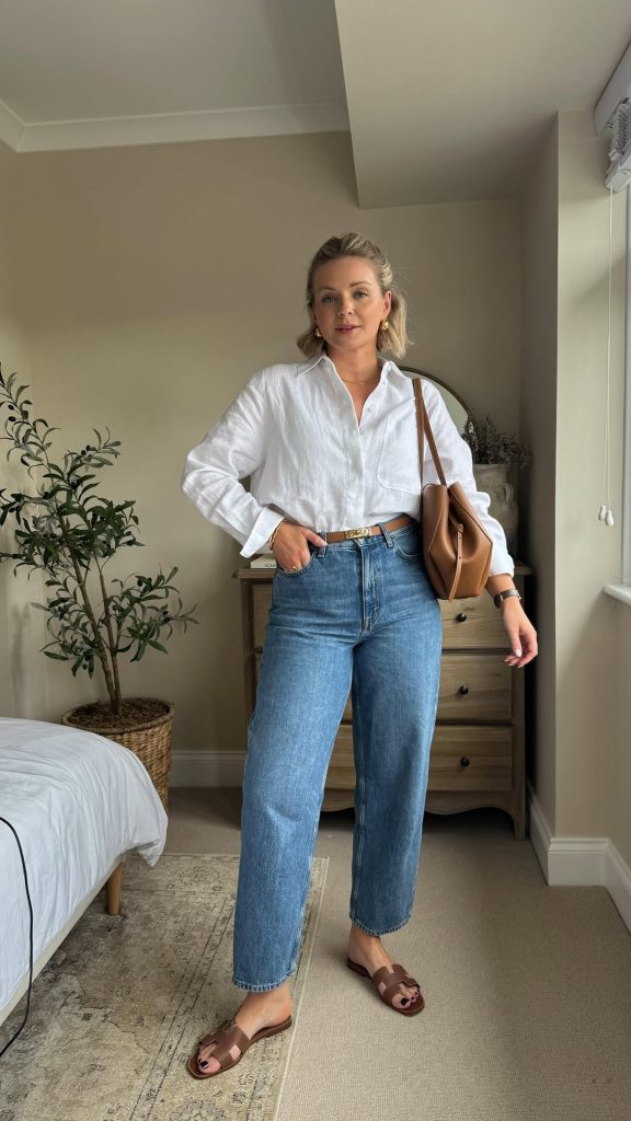 Casual summer outfit with white button-down linen shirt, medium blue straight-leg jeans, thin brown belt, tan leather shoulder bag and brown leather slide sandals
