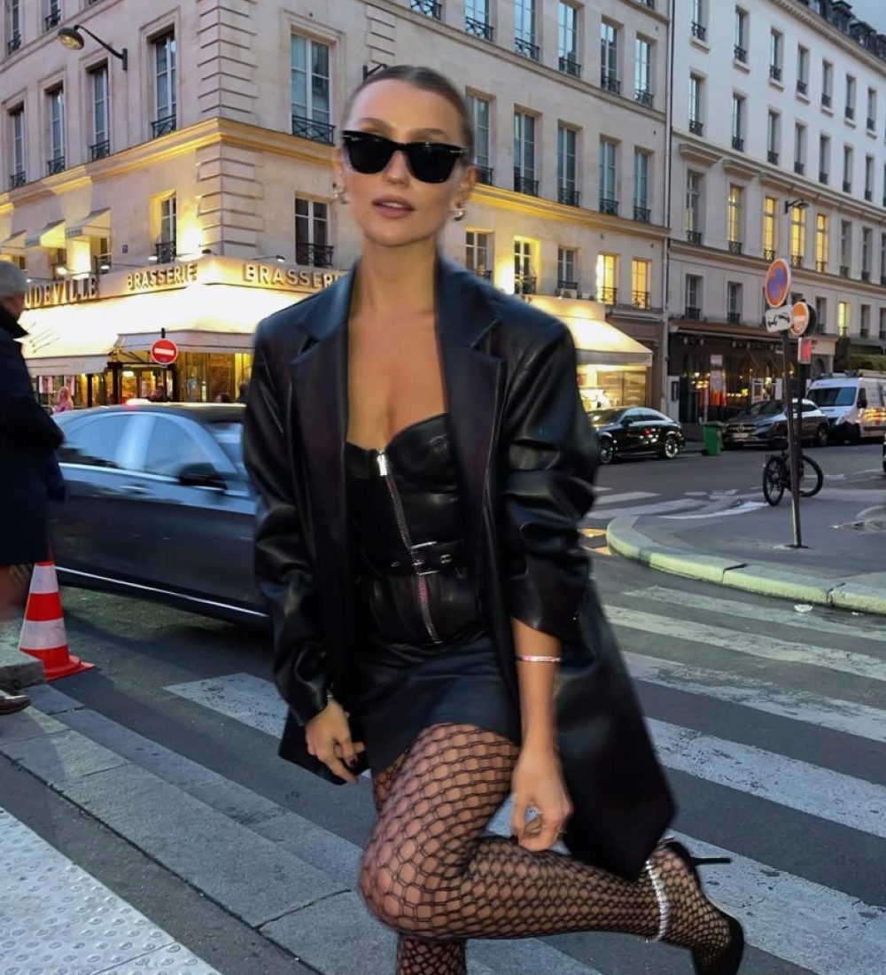 Night out outfit with black leather blazer, black corset dress and fishnet tights