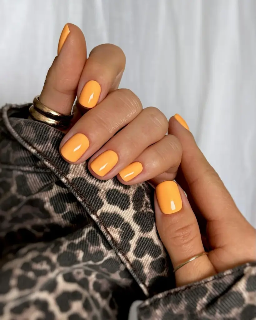 Elegant short summer nails with glossy peachy orange polish on squared short nails

