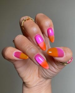 Long almond neon ombré nails with magnetic cat eye effect in hot pink and orange