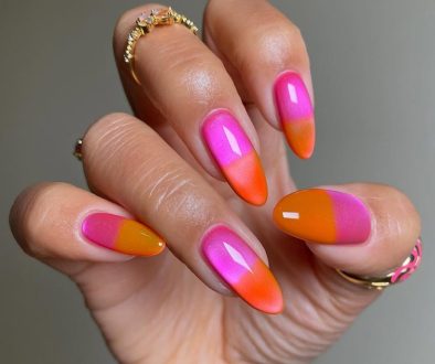 Long almond neon ombré nails with magnetic cat eye effect in hot pink and orange