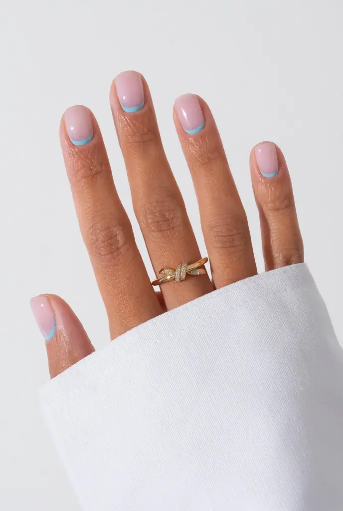 Elegant short summer nails with sheer pink base and thin baby blue French tip line
