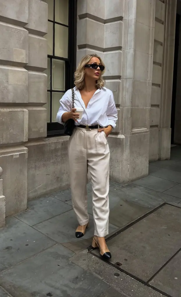  Timeless summer work outfit with white button-up shirt, high-waisted cream trousers, black leather belt, two-tone pumps and designer chain bag
