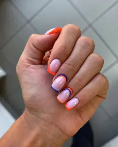 Square neon double French tips with pink base, bright orange and blue outlines for vibrant summer style