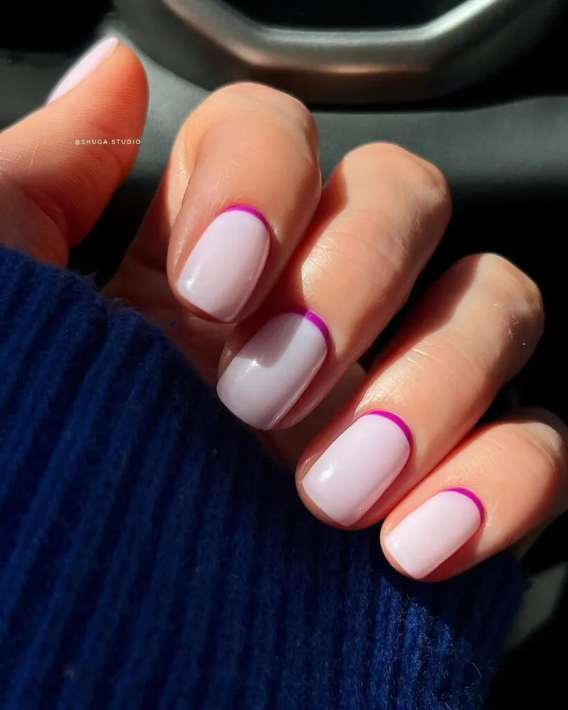 Short square simple summer nails with milky lavender base and ultra-thin purple outline detail at nail edge