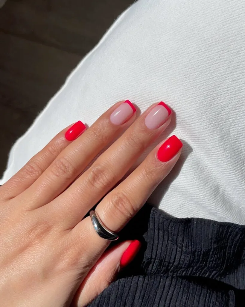 short summer nails, bright red solid and red French tip mix on short square nails