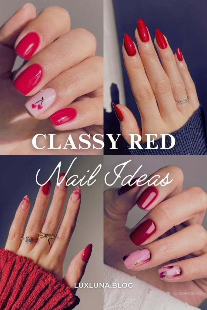 the words 'Classy Red Nail Ideas' overlaid a a collage with four different classy red nails 