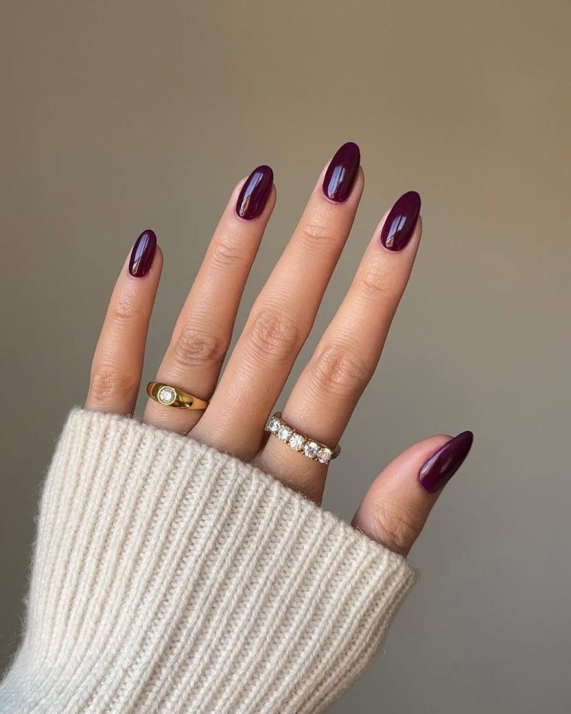 Long oval fall nails with deep plum glossy polish
