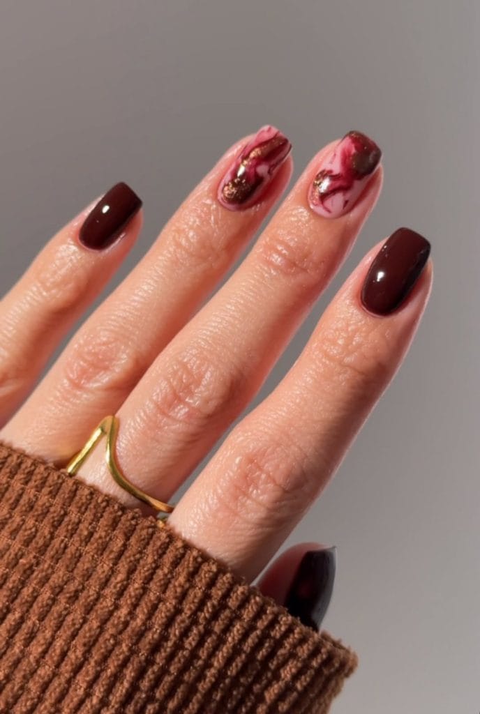 Short fall nails with chocolatey red polish and burgundy marble accent nails with gold foil details
