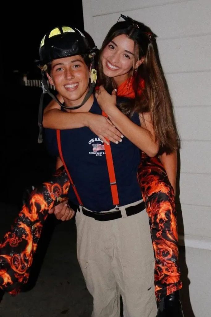 Fire and firefighter couples Halloween costume with flame pattern outfit