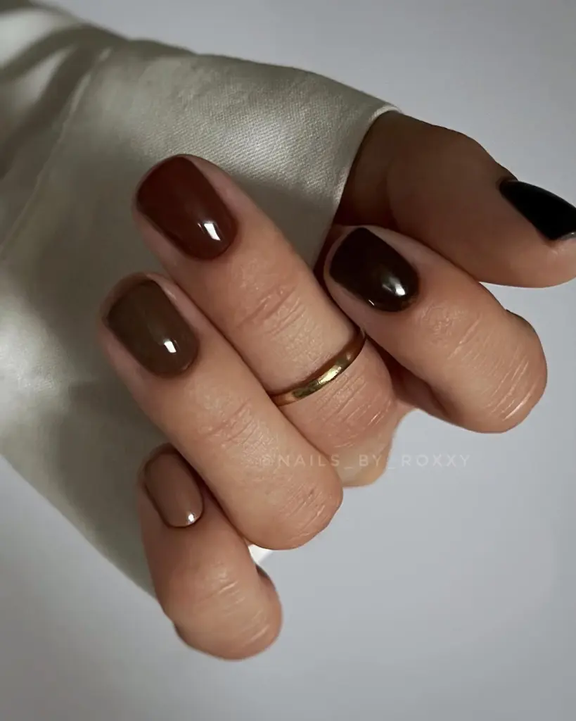 Short fall nails in various brown tones - caramel, chocolate, and black accent with glossy finish