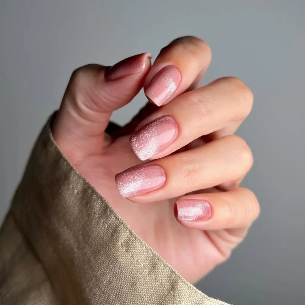 simple fall short nails in rose gold shimmer pink with metallic finish
