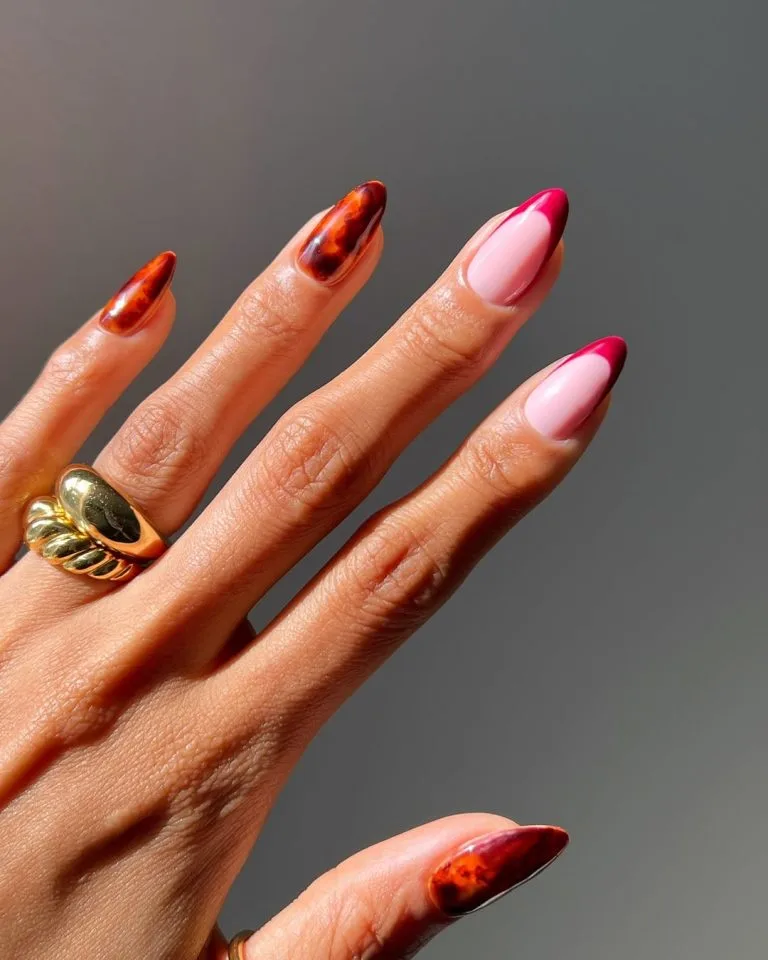 Mixed fall nails with tortoiseshell design and burgundy French tips