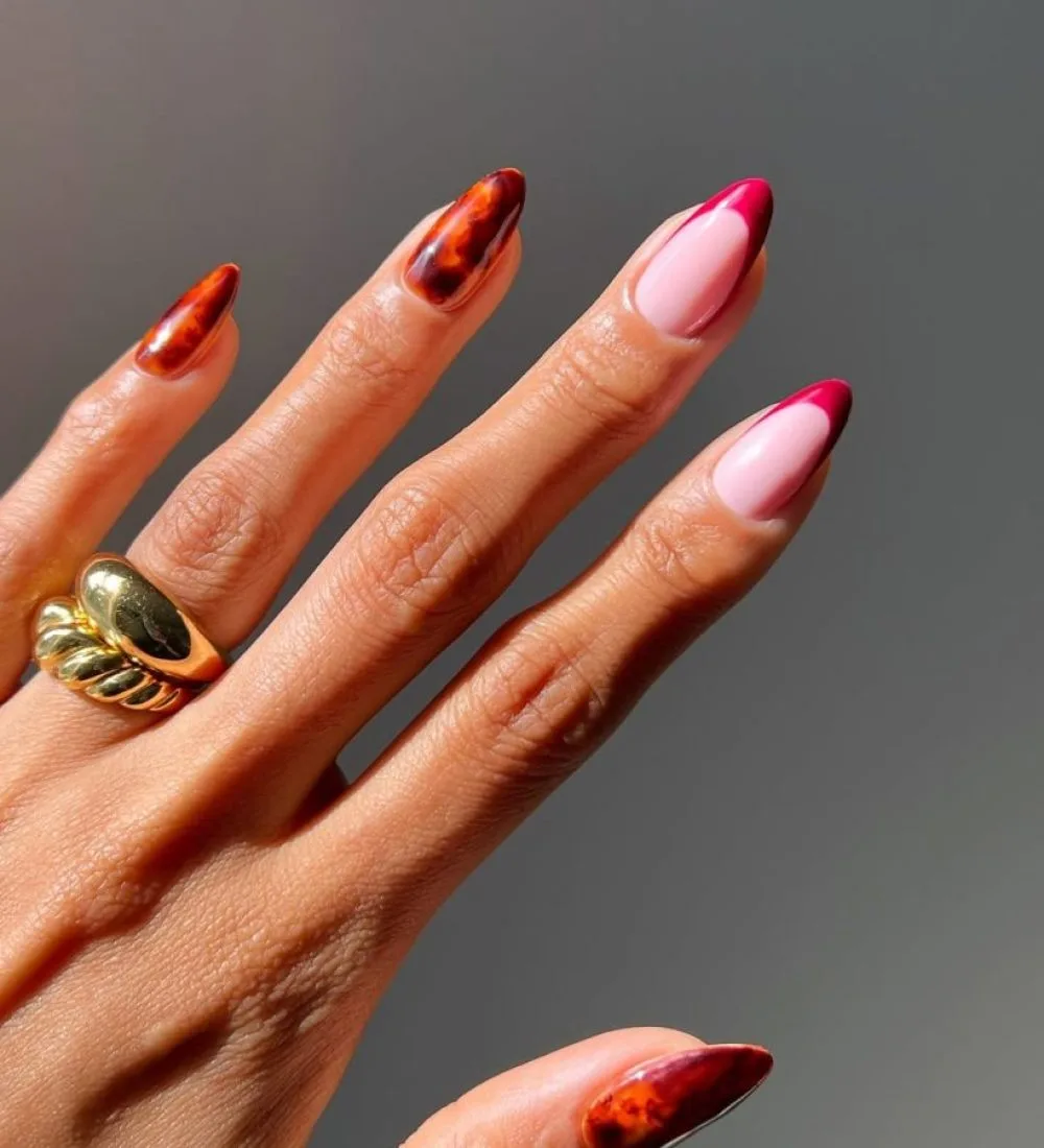 Mixed fall nails with tortoiseshell design and burgundy French tips