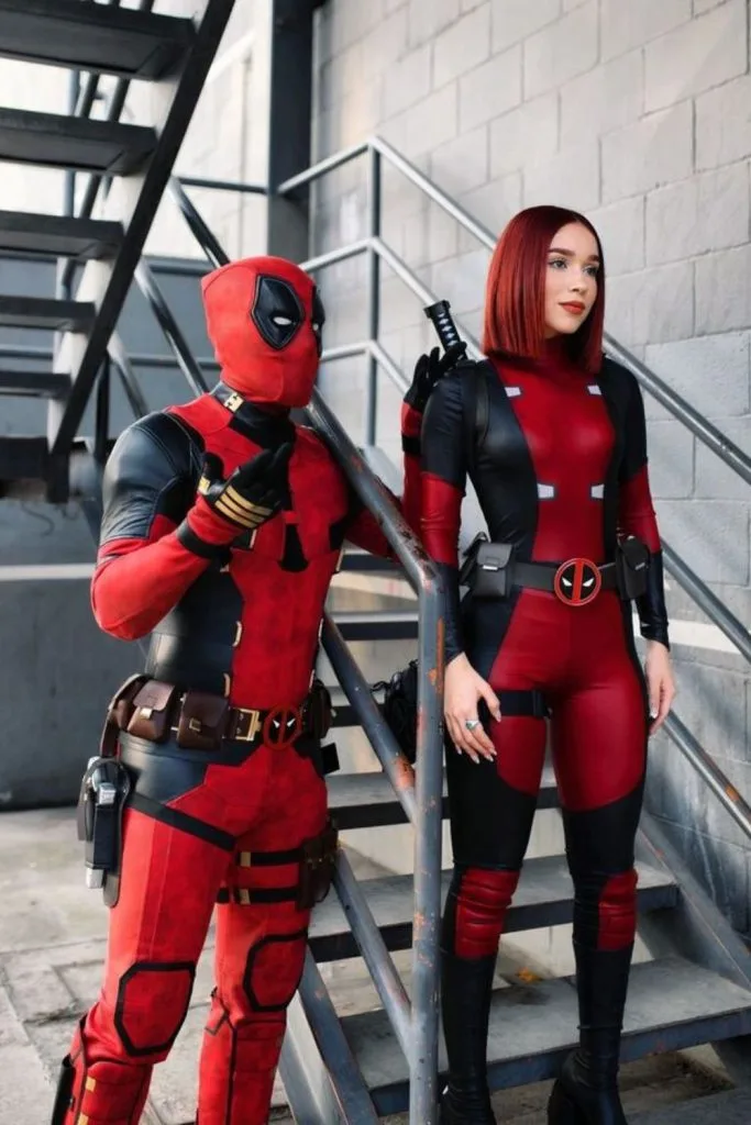 Deadpool couples Halloween costume with matching red and black suits