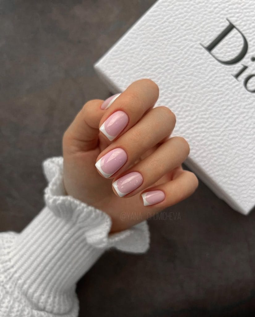 Classic white fall French tip nails on short square nails with pink base