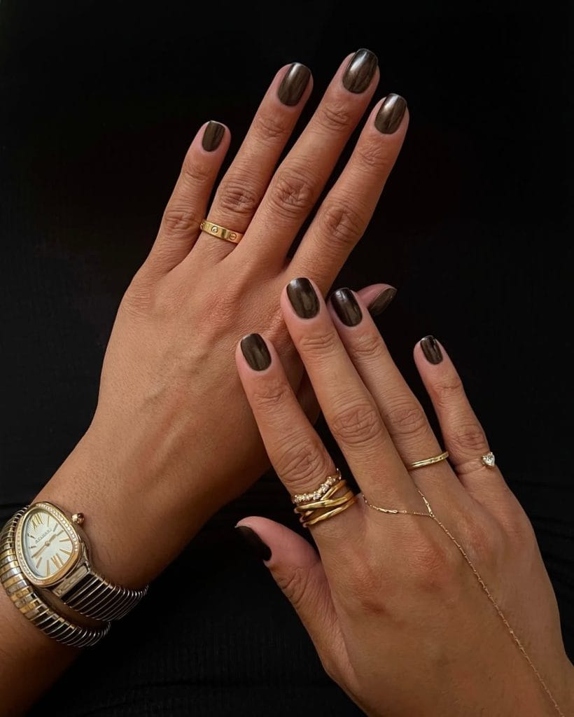 Short old money fall nails in chocolate brown chrome finish