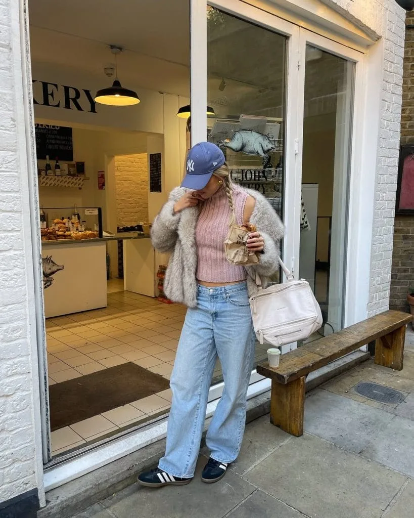 Casual fall outfit with cream fuzzy cardigan, pink sleeveless turtleneck, light wash wide-leg jeans, black sneakers
