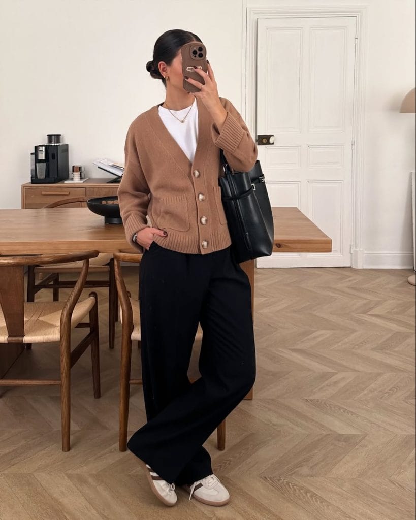 Comfortable fall work outfit with camel button cardigan, white t-shirt, black wide-leg pants and white sneakers for office style