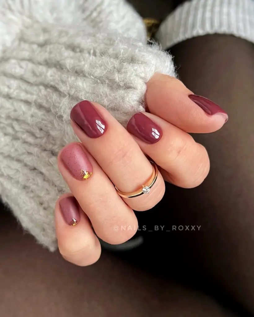 Short fall nail designs in mixed berry tones - red, dusty rose, with gold foil accent details