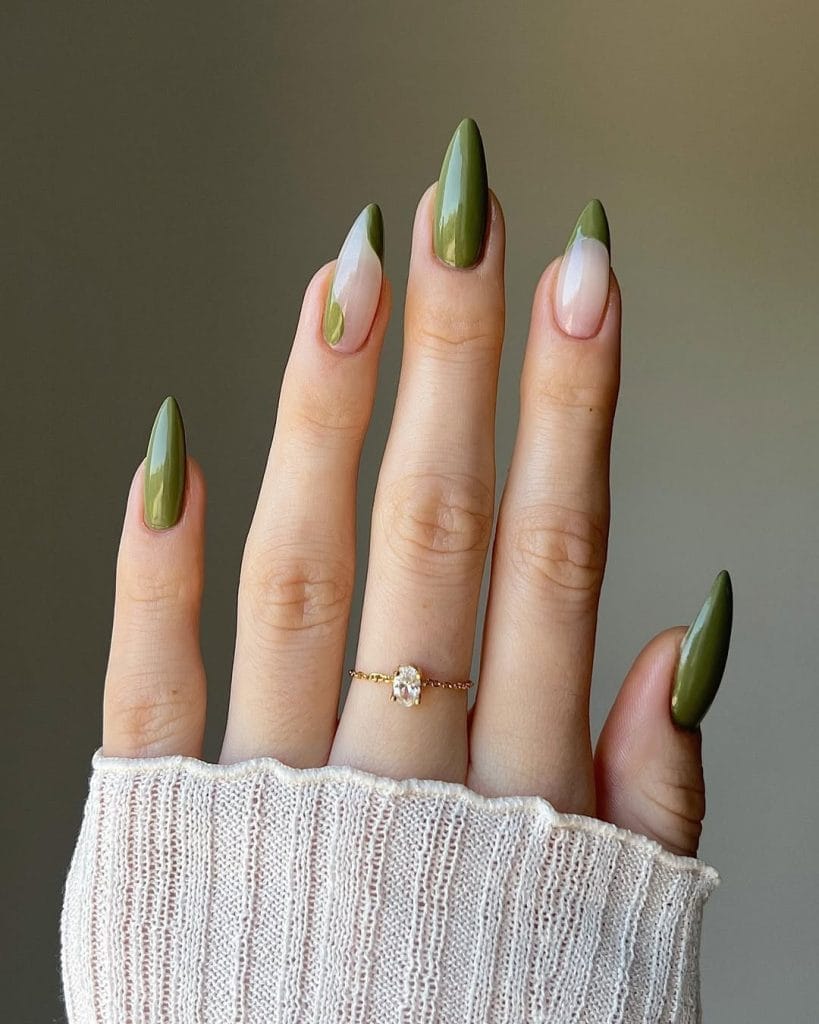 Fall nails with olive green and curve designs
