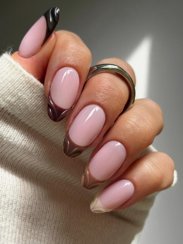 Almond fall French tip nails with pink bases and sculpted tips in black, burgundy, brown, taupe, and cream