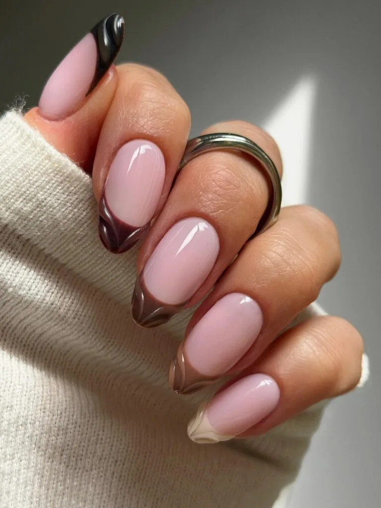 Almond fall French tip nails with pink bases and sculpted tips in black, burgundy, brown, taupe, and cream