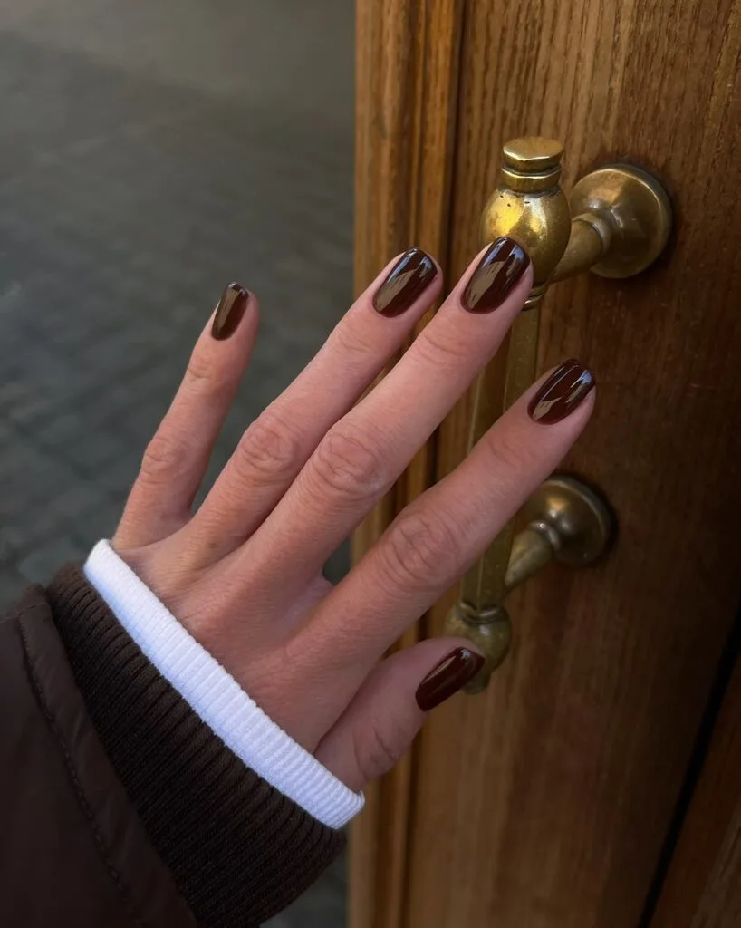 Elegant square nails with glossy deep chocolate-brown polish.