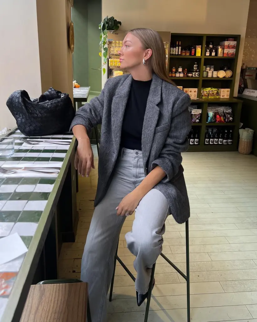 Chic fall outfit with grey oversized wool coat, black t-shirt, light wash straight-leg jeans, black pointed slingbacks and black woven tote bag
