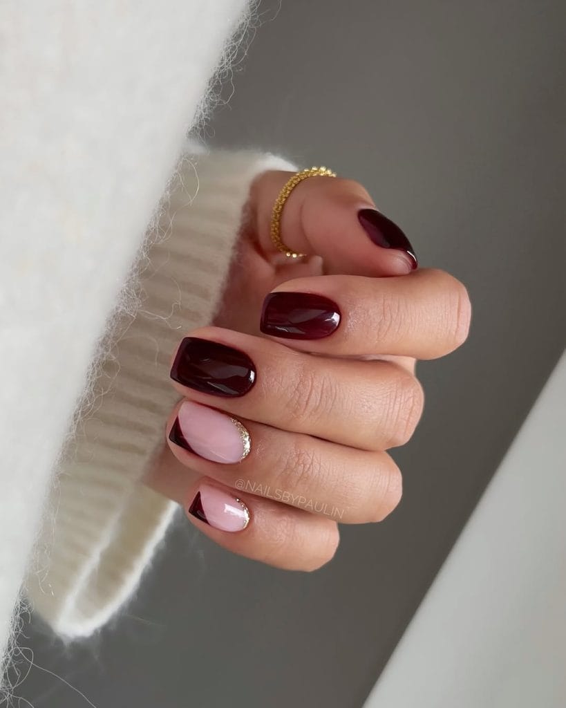 Classy fall nails with burgundy and gold accents