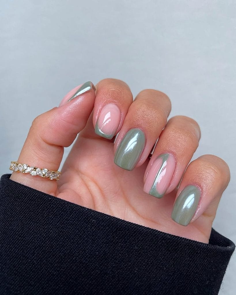 classy Fall nails with sage green chrome finish